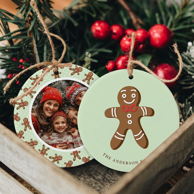 Gingerbread Man Mint Polka Dot Christmas Photo Ceramic Tree Decoration (Creator Uploaded)