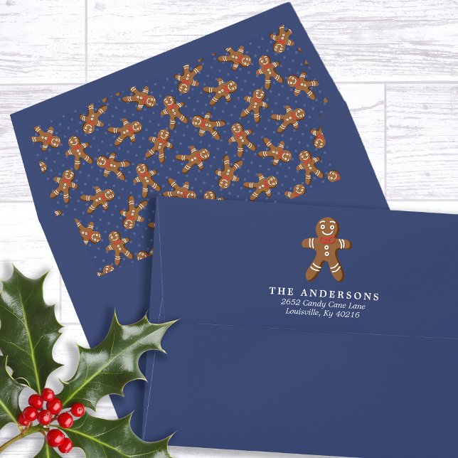 Gingerbread Man Navy Blue Return Address Christmas Envelope (Creator Uploaded)
