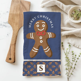 Gingerbread Man Navy Monogram Merry Christmas Tea Towel