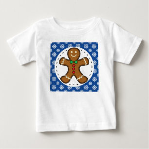 Gingerbread Man on Blue White Snowflakes Pattern Baby T-Shirt