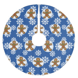 Gingerbread Man on Blue White Snowflakes Pattern Brushed Polyester Tree Skirt
