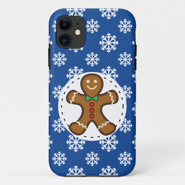 Gingerbread Man on Blue White Snowflakes Pattern Case-Mate iPhone Case (Back)