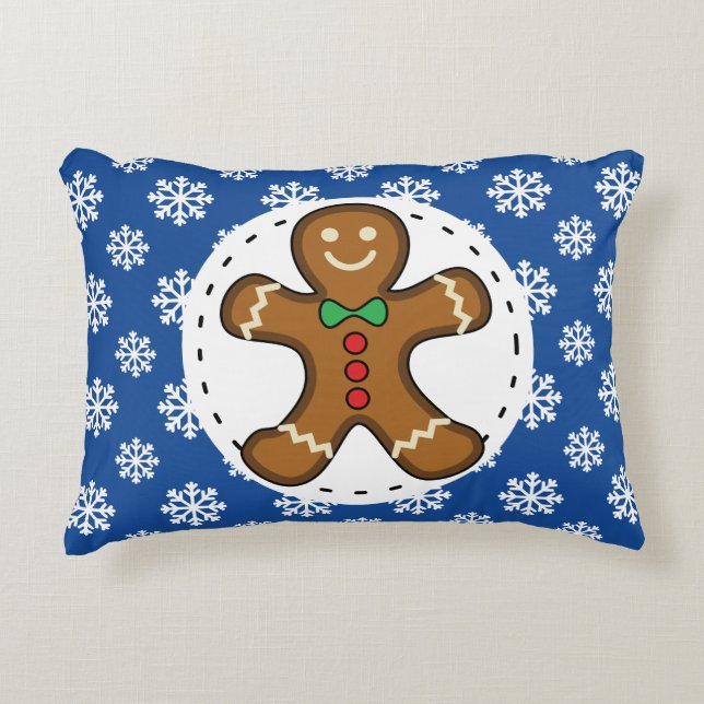 Gingerbread Man on Blue White Snowflakes Pattern Decorative Cushion (Front)