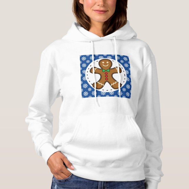 Gingerbread Man on Blue White Snowflakes Pattern Hoodie (Front)