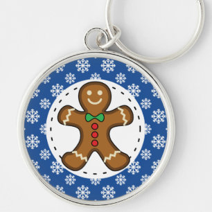 Gingerbread Man on Blue White Snowflakes Pattern Key Ring