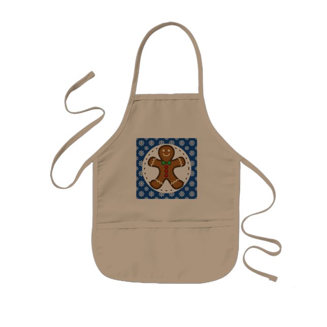 Gingerbread Man on Blue White Snowflakes Pattern Kids Apron (Front)