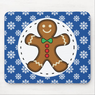 Gingerbread Man on Blue White Snowflakes Pattern Mouse Pad