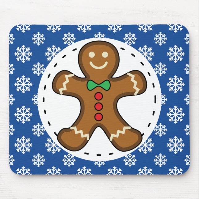Gingerbread Man on Blue White Snowflakes Pattern Mouse Pad (Front)