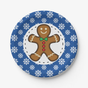 Gingerbread Man on Blue White Snowflakes Pattern Paper Plate