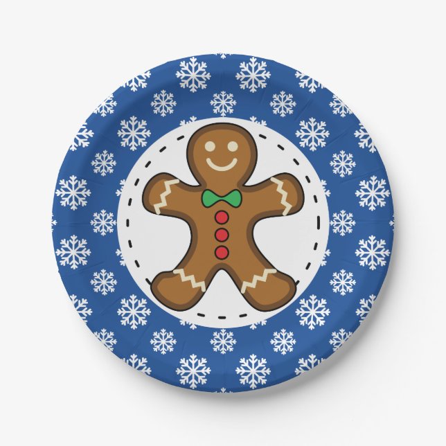 Gingerbread Man on Blue White Snowflakes Pattern Paper Plate (Front)