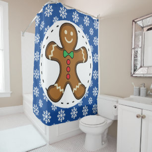 Gingerbread Man on Blue White Snowflakes Pattern Shower Curtain