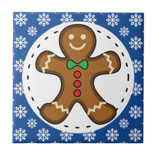 Gingerbread Man on Blue White Snowflakes Pattern Tile