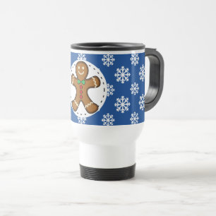 Gingerbread Man on Blue White Snowflakes Pattern Travel Mug