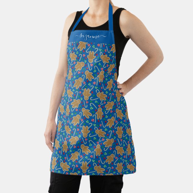 Gingerbread Man Peppermint Candy on Blue Pattern Apron (Insitu)