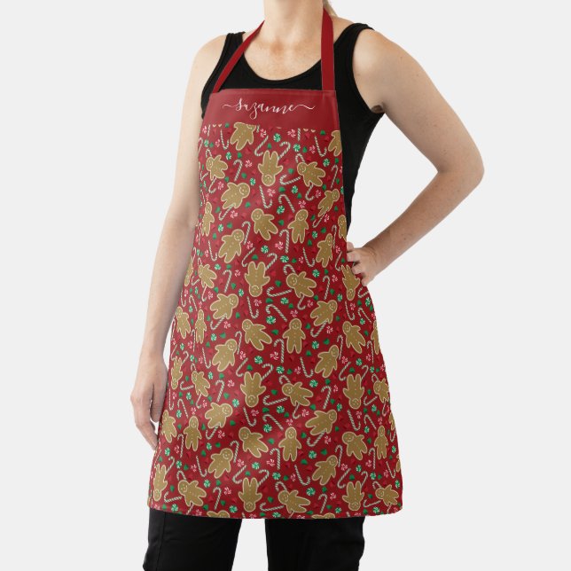 Gingerbread Man Peppermint Candy on Red Pattern Apron (Insitu)