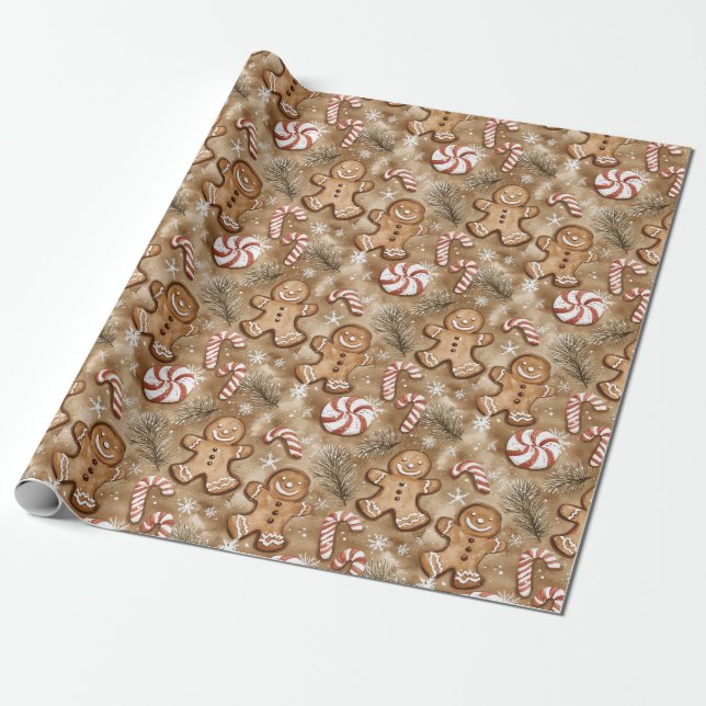 Gingerbread Man Peppermint Candy Wrapping Paper (Unrolled)