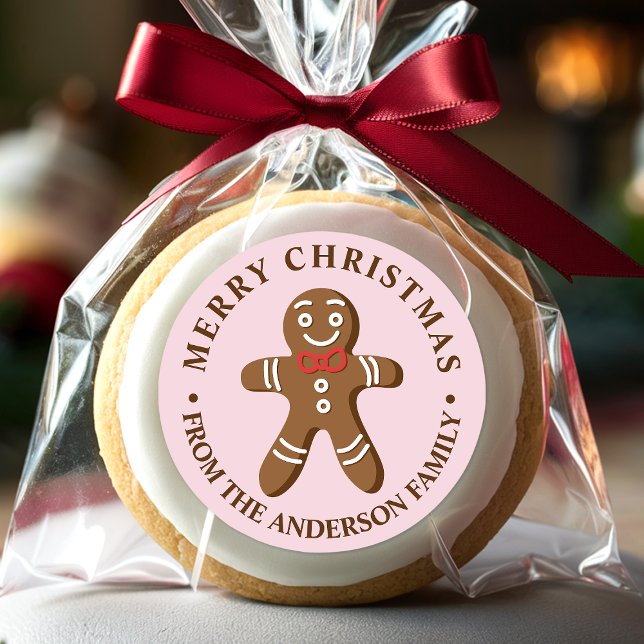 Gingerbread Man Pink Merry Christmas Classic Round Sticker (Creator Uploaded)