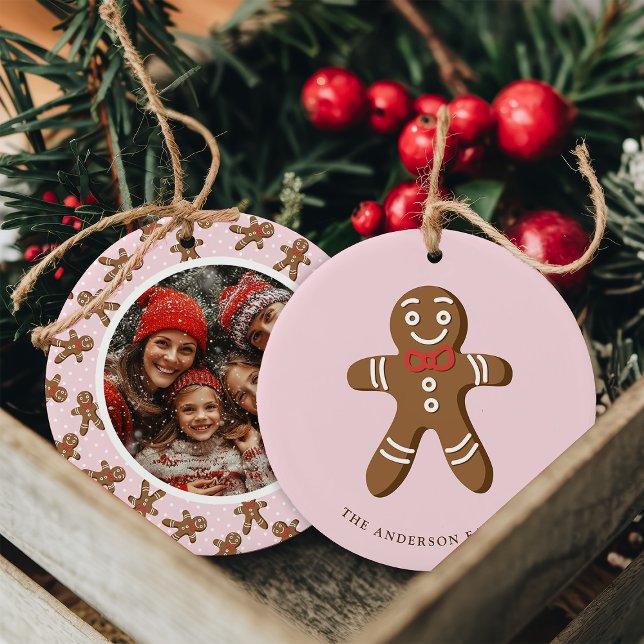 Gingerbread Man Pink Polka Dot Christmas Photo Ceramic Tree Decoration (Creator Uploaded)