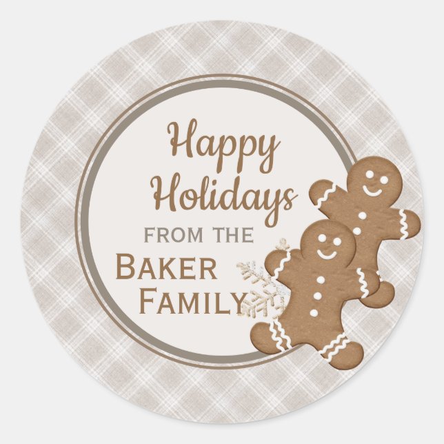 Gingerbread Man Plaid Christmas Holiday Cookie  Classic Round Sticker (Front)