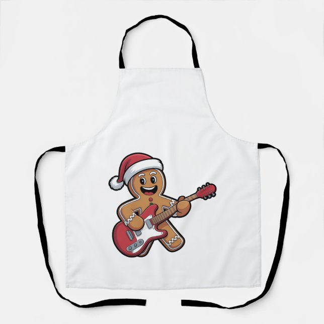 Gingerbread Man Play Guitar Electric Christmas  Apron (Front)