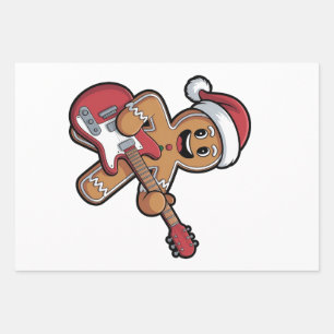 Gingerbread Man Play Guitar Electric Christmas  Wrapping Paper Sheet