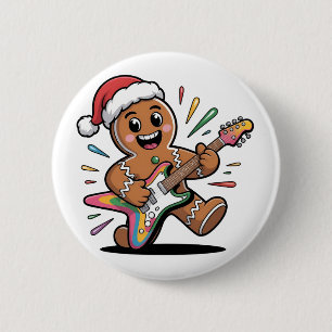Gingerbread Man Playing Guitar Electric Santa 6 Cm Round Badge