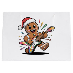 Gingerbread Man Playing Guitar Electric Santa  Large Gift Bag