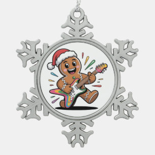 Gingerbread Man Playing Guitar Electric Santa Snowflake Pewter Christmas Ornament