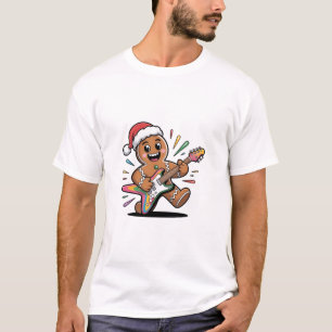Gingerbread Man Playing Guitar Electric Santa  T-Shirt