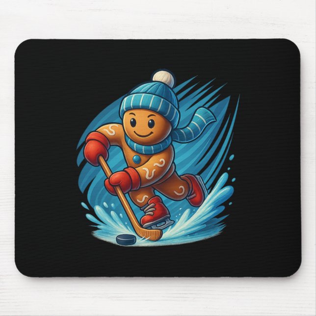 Gingerbread Man Playing Hockey Funny Christmas Tee Mouse Pad (Front)
