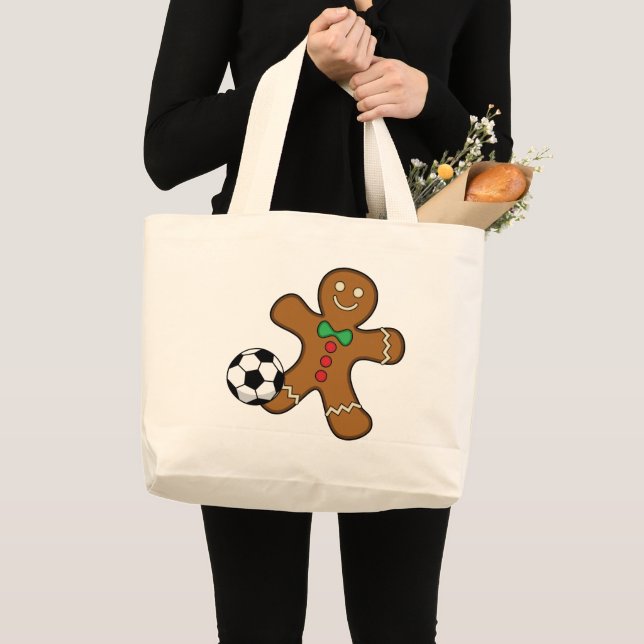 Gingerbread Man Playing Soccer Large Tote Bag (Front (Product))
