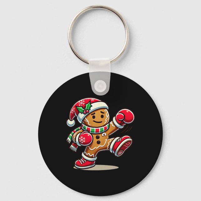 Gingerbread Man Playing Thai Boxing Christmas Xmas Key Ring (Front)