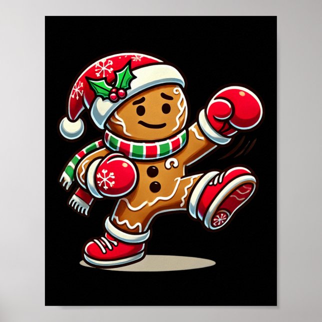 Gingerbread Man Playing Thai Boxing Christmas Xmas Poster (Front)