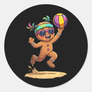 Gingerbread Man Playing Volleyball Christmas Xmas  Classic Round Sticker