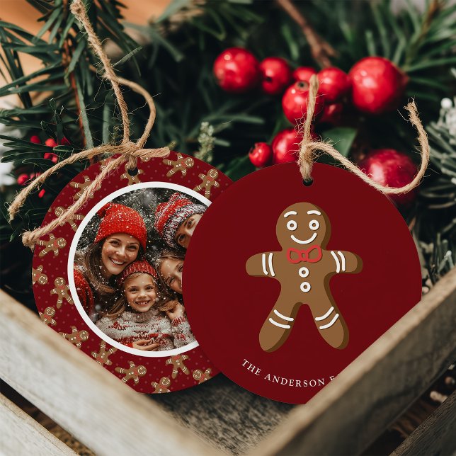 Gingerbread Man Red Polka Dot Christmas Photo Ceramic Tree Decoration (Creator Uploaded)