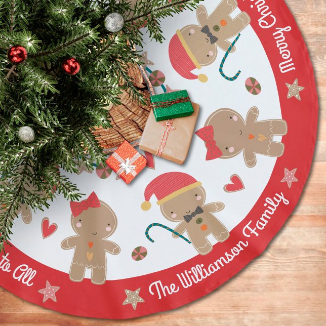 Gingerbread Man Red White Holiday Rustic Name Brushed Polyester Tree Skirt (Creator Uploaded)