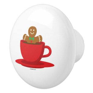 Gingerbread Man Relaxing In Hot Chocolate Red Cup Ceramic Knob
