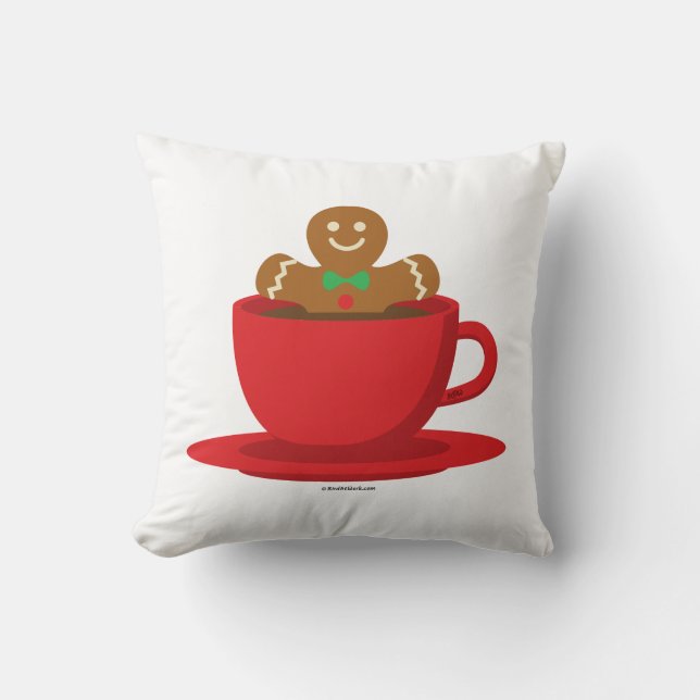 Gingerbread Man Relaxing In Hot Chocolate Red Cup Cushion (Front)