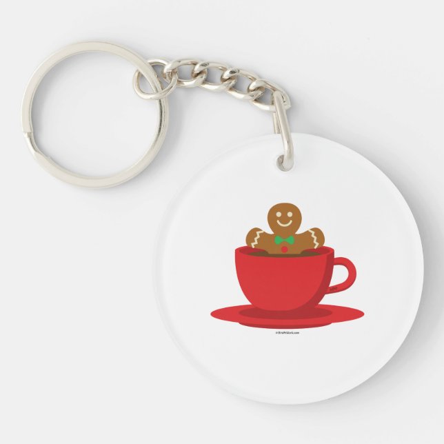 Gingerbread Man Relaxing In Hot Chocolate Red Cup Key Ring (Front)