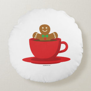 Gingerbread Man Relaxing In Hot Chocolate Red Cup Round Cushion