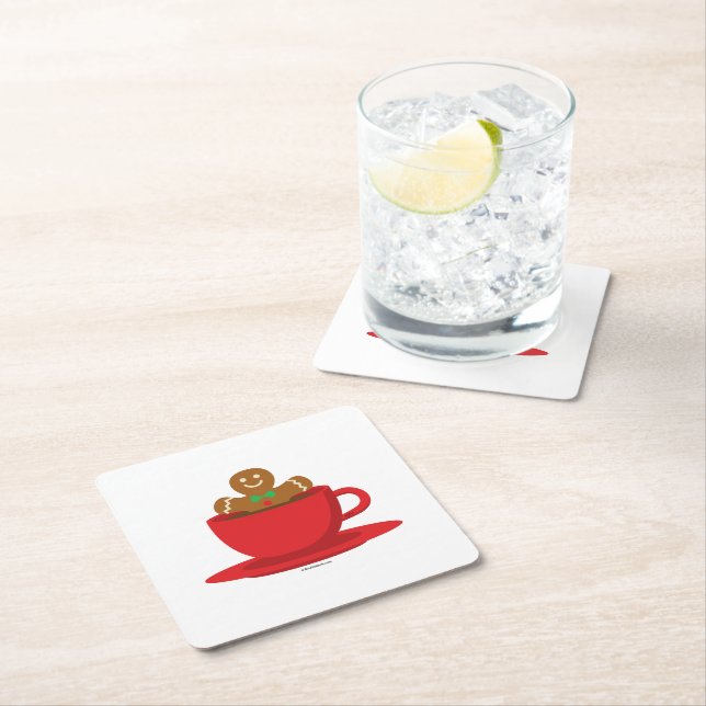 Gingerbread Man Relaxing In Hot Chocolate Red Cup Square Paper Coaster (Insitu)