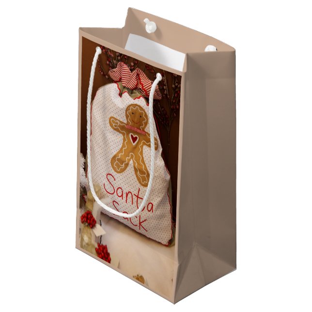 Gingerbread Man Santa Sack Small Tan Gift Bag (Front Angled)