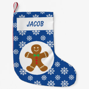 Gingerbread Man Snowflakes Personalised Blue Small Christmas Stocking