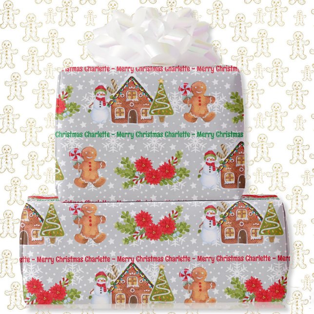 Gingerbread Man Snowman Add Name Christmas Wrapping Paper (Creator Uploaded)