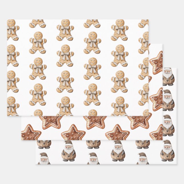 Gingerbread Man Star Santa Christmas Wrapping Paper Sheet (Set)