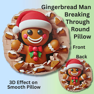 Gingerbread Man Through Gingerbread Wall 3D Effect Round Cushion