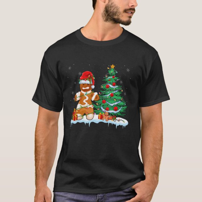 Gingerbread Man Wearing Santa Hat Xmas Light Chris T-Shirt (Front)