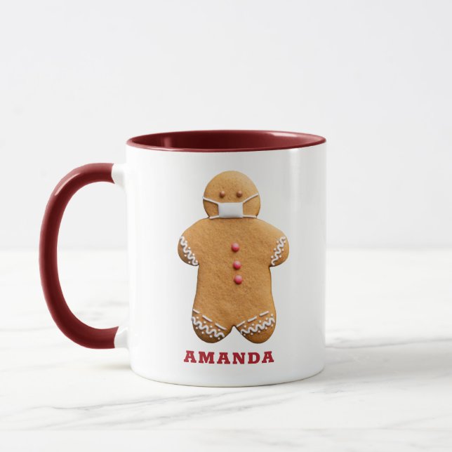 Gingerbread Man with a Mask Personalised Mug (Left)