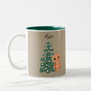 Gingerbread Man With Blue and Green Tree Two-Tone Coffee Mug