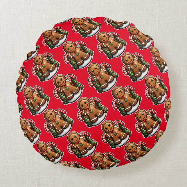 Gingerbread man with candy canes round cushion (Front)